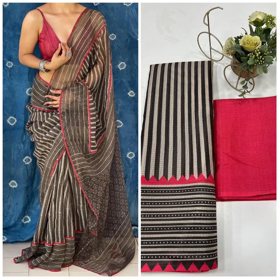 Soft Munga Kota Cotton Checks Saree with Beautiful Prints & Contrast Blouse